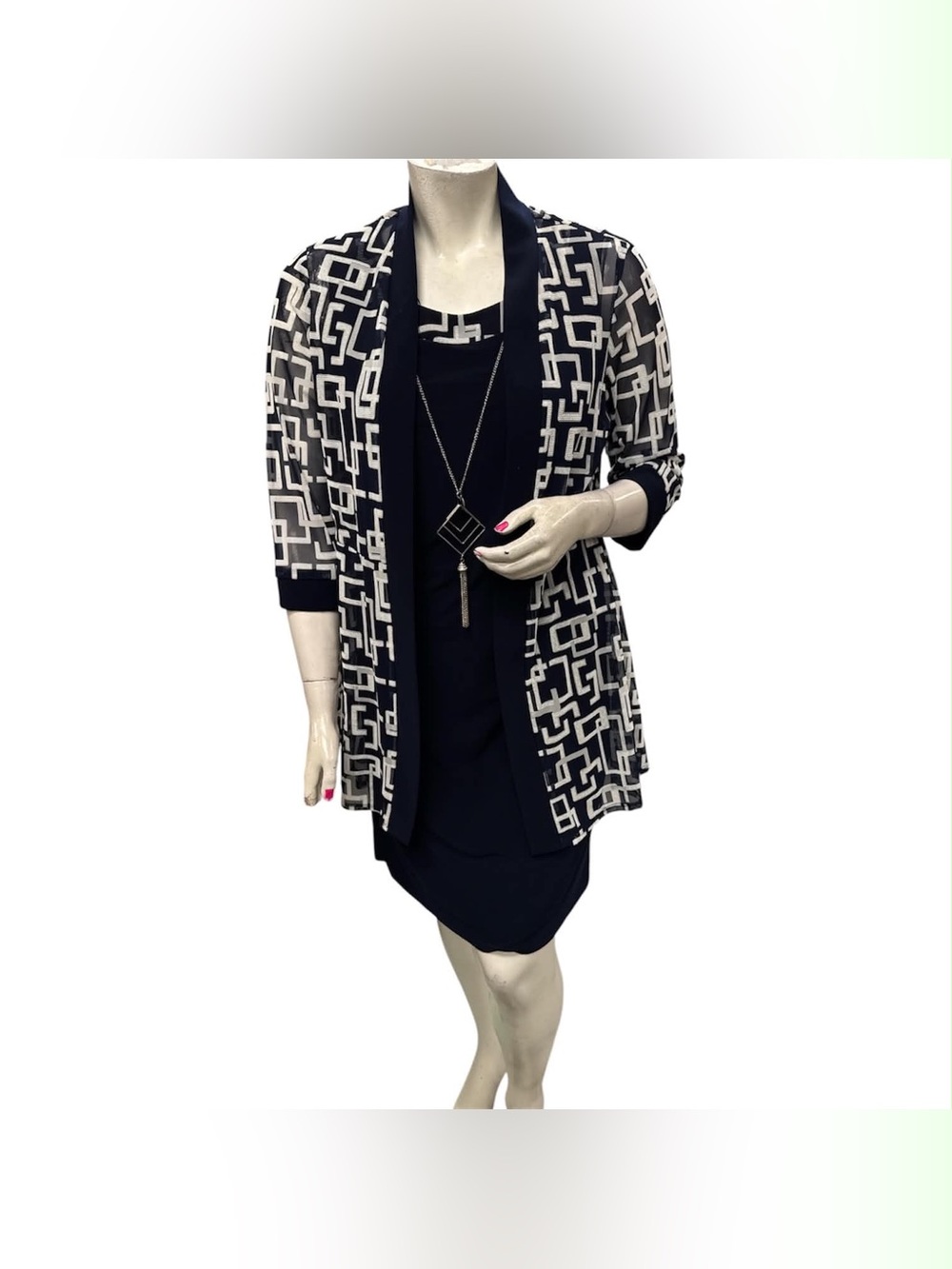 Laura Navy & White Geometric Open-Front Cardigan Size XL